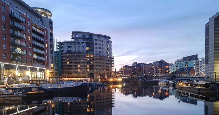 Cityscape and Riverbank view of architecture in Leeds