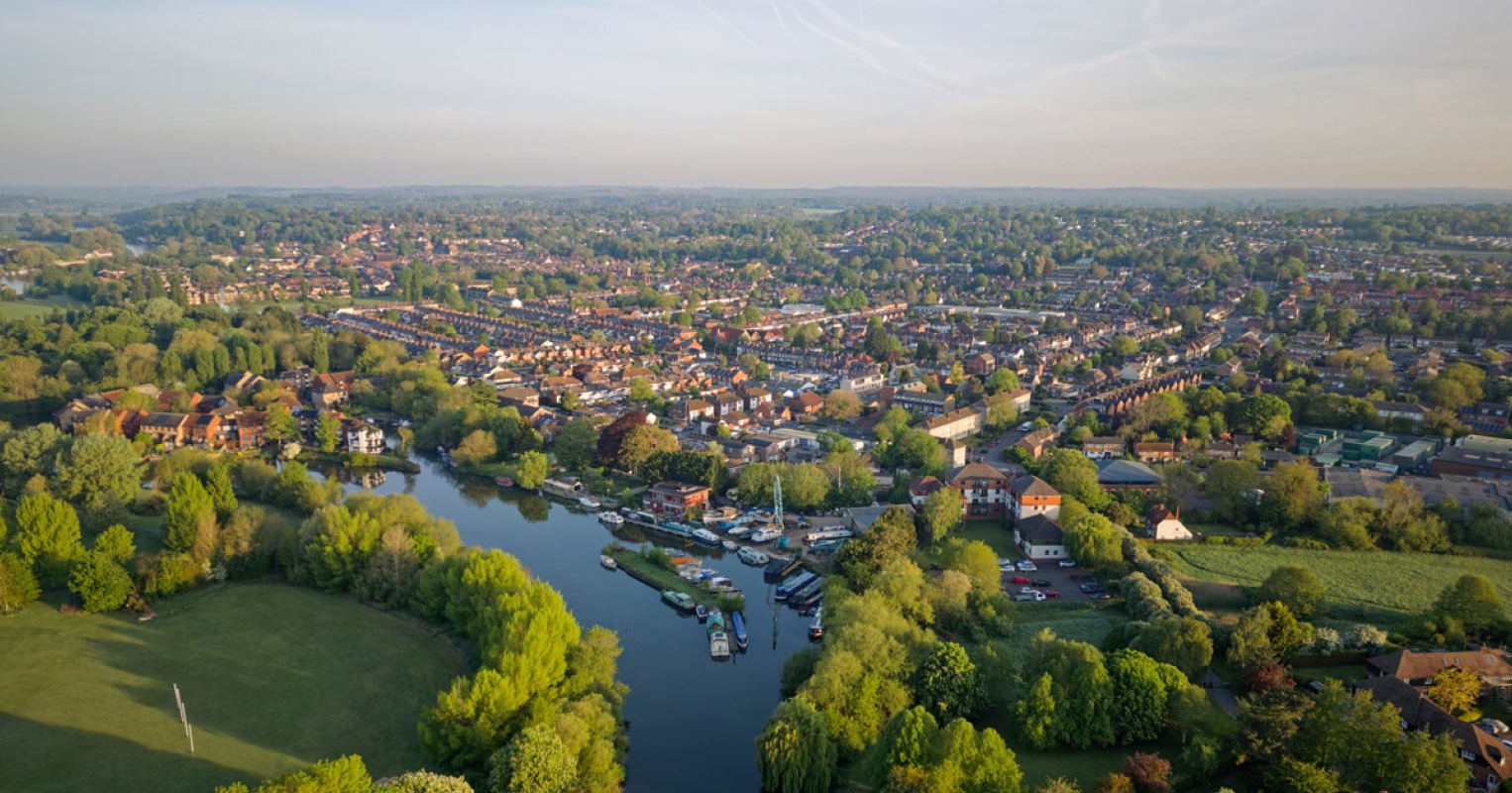 Aerial view of English countryside town and river